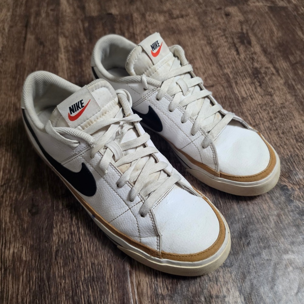 NIKE Court Legacy Low Mens Size 9 White Black Tan Leather Sneakers CU4150-102